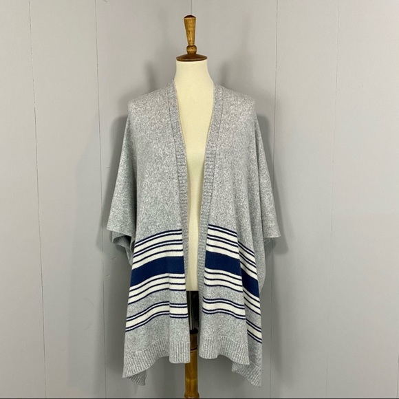 GAP Gray Wool Camel Blend Open Striped Sweater Poncho Heater Gray, White Navy - Picture 5 of 15
